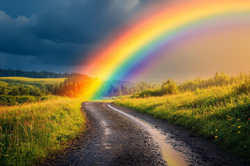 Rainbow Arcing Over Rural Road and Green Fields