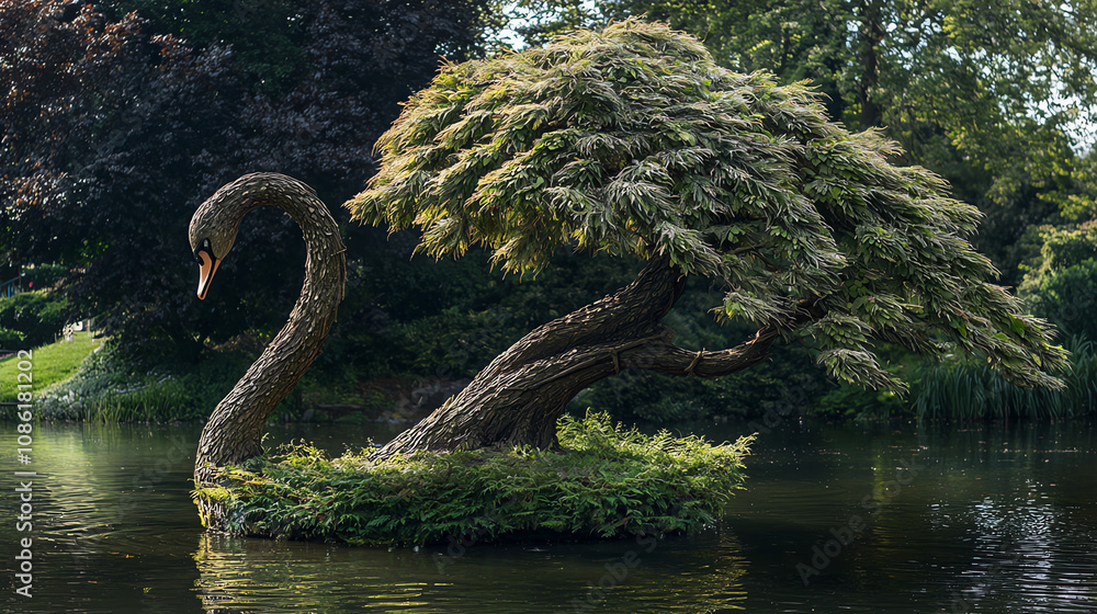 Poster a uniquely shaped tree resembling a swan with an elegant curve stands gracefully in a serene pond su