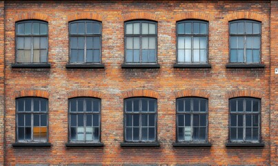 Old brick wall showing multiple windows on building facade, architectural detail background
