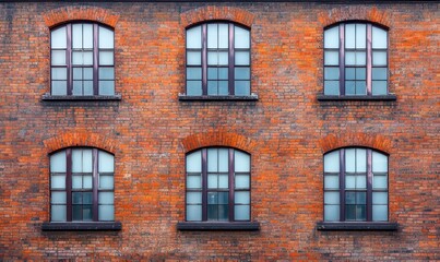 Obraz premium Old brick wall showing multiple windows on building facade, architectural detail background