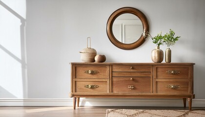 vintage style wooden dresser with round mirror in modern indoor setting