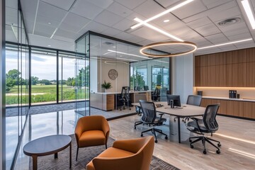Fototapeta premium Modern Office Space with Glass Walls and Elegant Design