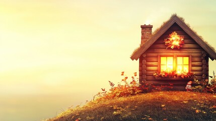 Cozy wooden house with glowing windows on a hill at sunset.
