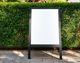 white blank screen sandwich board placed outdoor by green tree hedges background mockup template