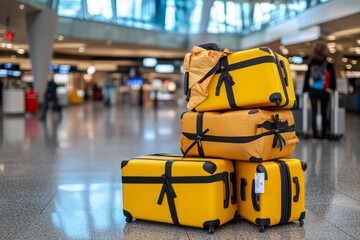 Stack of bright yellow suitcases in an airport, ready for a travel adventure