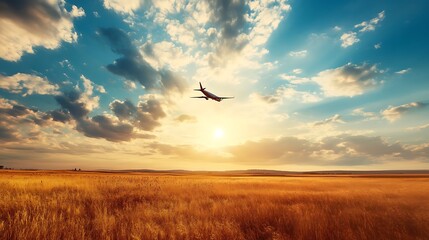 Airplane flying over golden field at sunset