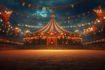 huge circus tent at night with lights with audience