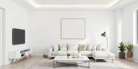 A modern living room with minimalist decor, featuring a sleek white sofa, geometric coffee table, and abstract art on the walls, cozy, minimalist