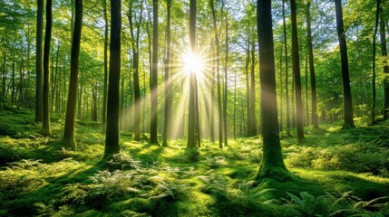 Obraz premium Sunlight Streaming Through Lush Green Forest