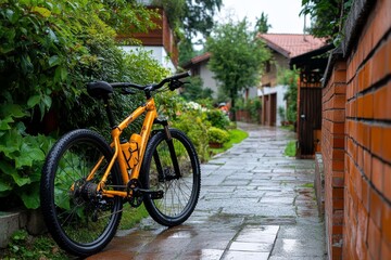 Fototapeta premium Yellow bicycle leaning against a rustic brick wall, quaint and charming scene