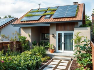 Fototapeta premium A modern solar-powered house with a green rooftop garden, energy-efficient, architecture