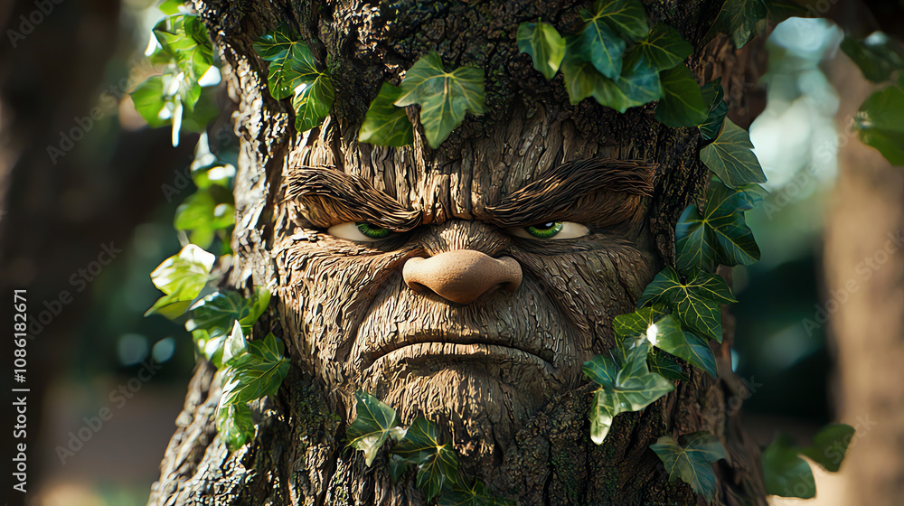 Poster a grumpy face carved into a tree surrounded by leaves in a peaceful forest setting during daylight h