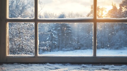 Fototapeta premium Snowy Winter Landscape Seen Through Window