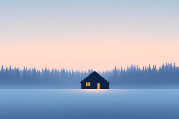 A small cabin is in the middle of a snowy forest