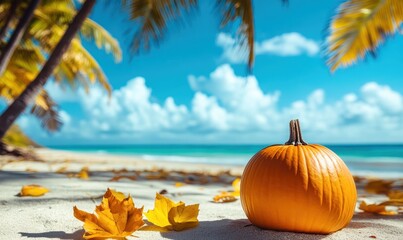 Pumpkin decoration on tropical beach under palm trees, autumn thanksgiving holiday special offer