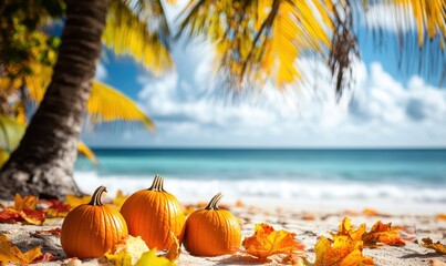 Pumpkin decoration on tropical beach under palm trees, autumn thanksgiving holiday special offer