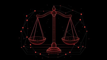 Scales of justice, digital. A digital illustration of a balanced scale, symbolizing justice and law, with a glowing red outline against a dark background.