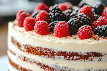 A cake with raspberries and blackberries on top