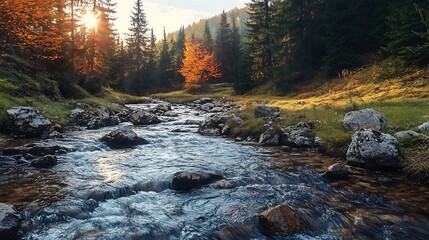 Autumn mountain stream flowing through rocks and forest. Nature landscape photography.