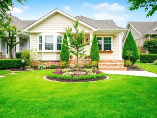 A well-maintained concrete yard in front of a suburban house with a neatly trimmed lawn and a small garden bed filled with colorful flowers, concrete yard, front of house