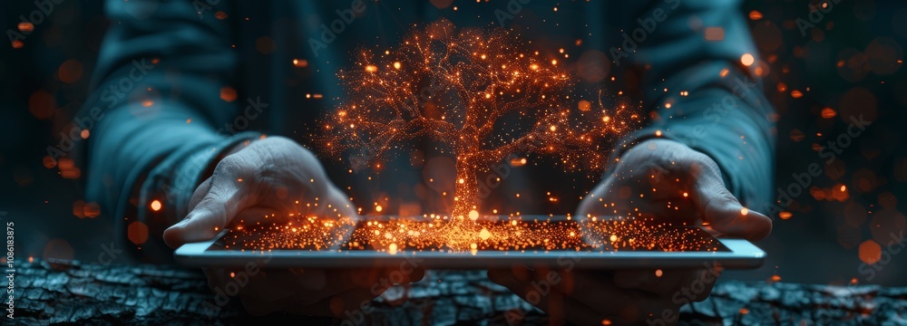 Poster businessman using tablet with digital tree of data and ai technology on dark blue background, enhanc