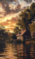 Obraz premium Riverside cottage retreat at golden hour. image