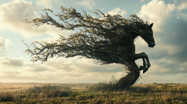 A majestic tree resembling a horse rearing up against a backdrop of rolling clouds during the golden hour at a tranquil meadow