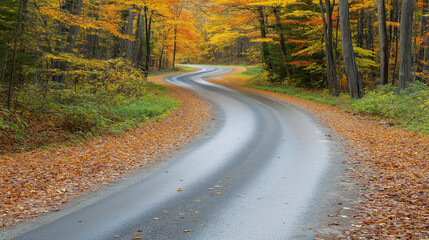 Fototapeta premium Winding Forest Road Surrounded by Vibrant Autumn Foliage in Fall