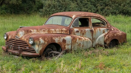 A rusty, vintage car sits abandoned in a field.