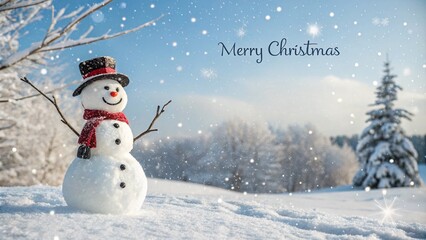 Obraz premium Merry Christmas and Happy New Year greeting card with snowman and winter landscape