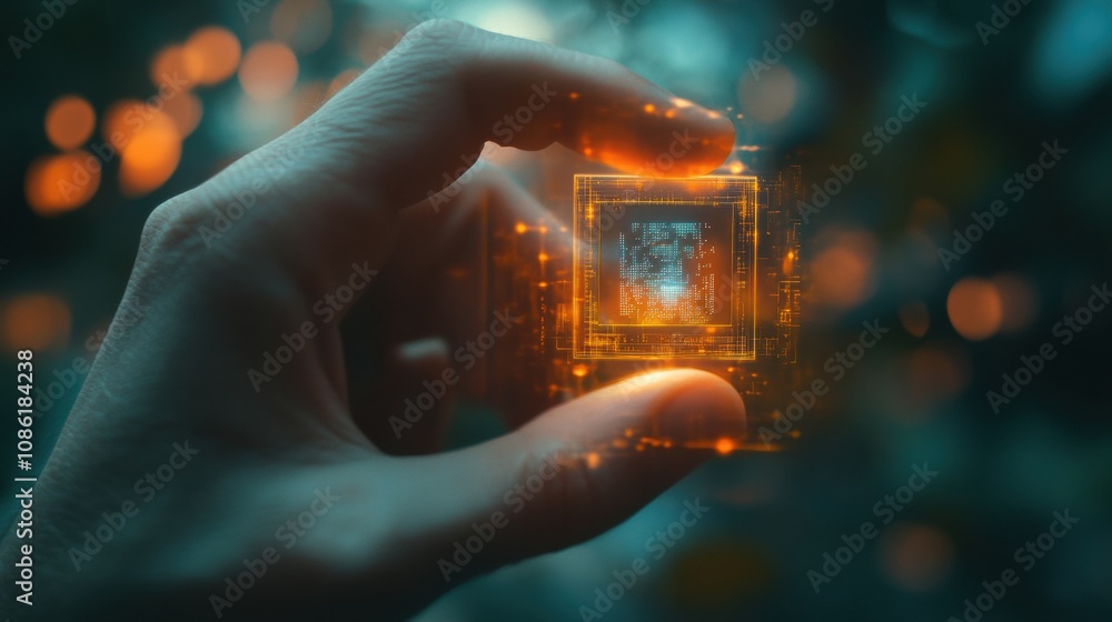 Leinwandbilder a hand grasps a micro biochip that projects a holographic display showing various health metrics, in