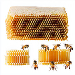 Honeycomb with Bees in Organic Beekeeping Scene Isolated on White Background