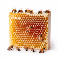 Honeycomb with Bees in Organic Beekeeping Scene Isolated on White Background