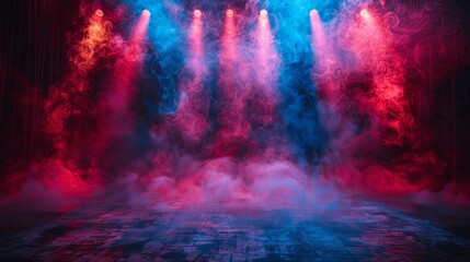 Obraz premium Stage Illuminated with Colorful Spotlights and Smoke for Atmospheric Live Performance or Product Display