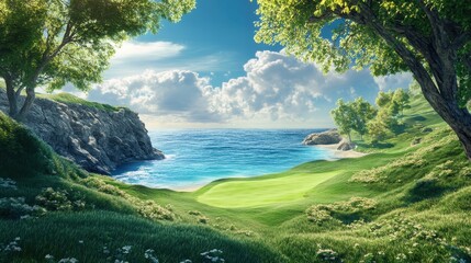 Scenic golf course with ocean view and green landscape