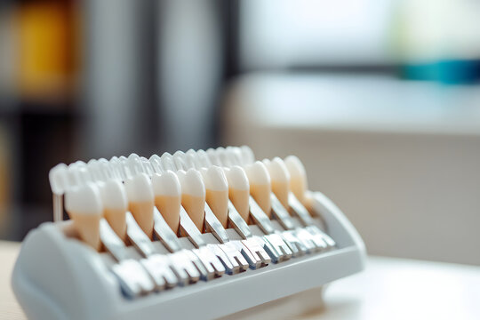 A dental shade guide with various tooth color samples for shade matching in dentistry.