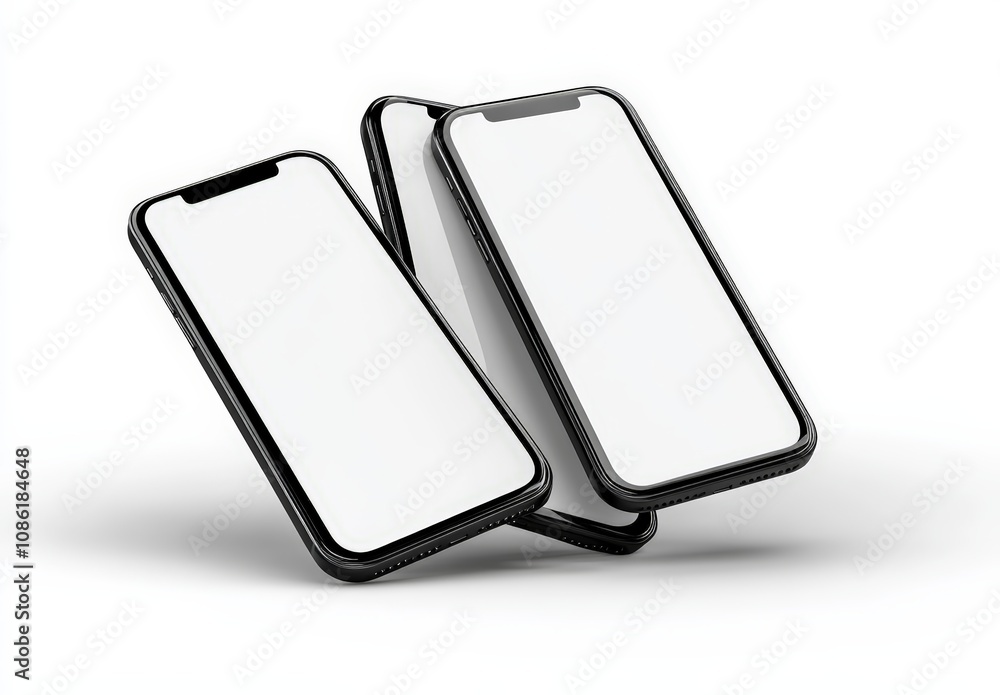 Poster minimalistic 3d rendering of modern smartphones on white background with blank screens and subtle sh