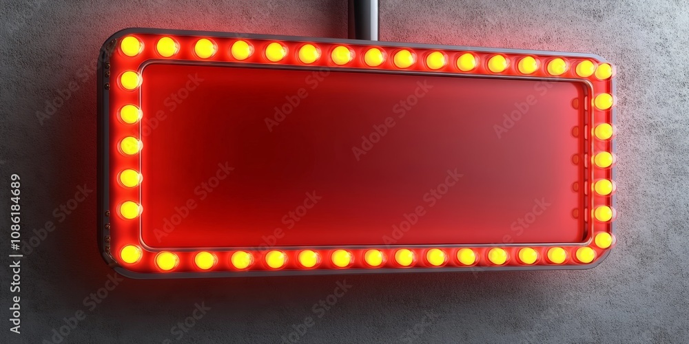 Poster retro red neon sign with yellow bulbs on gray wall empty rectangle frame for custom text