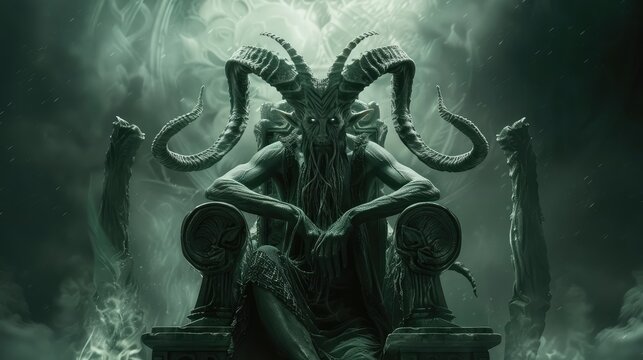 Devil with horns on a throne on the background of smoke.