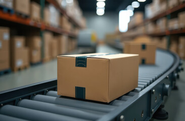 Efficient package delivery process in modern warehouse with conveyor belt system