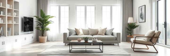 Fototapeta premium Spacious modern living room with stylish furniture and decor, chair, modern