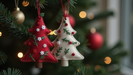 Festive christmas tree ornaments hanging on decorated holiday evergreen