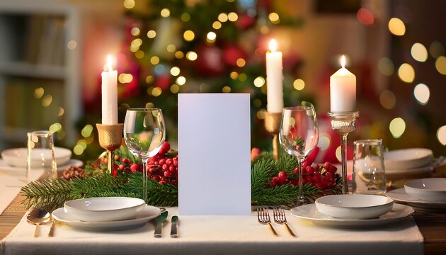 Elegant holiday table setting with empty menu card and festive decorations at a cozy celebration. Generative AI
