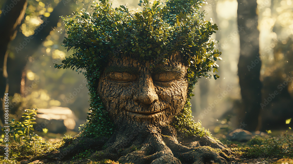 Poster a tree with a carved smug face surrounded by lush greenery in a peaceful forest setting during the e
