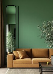 Modern Living Room with Green Wall and Brown Sofa Featuring Olive Tree and Tall Mirror Interior Design