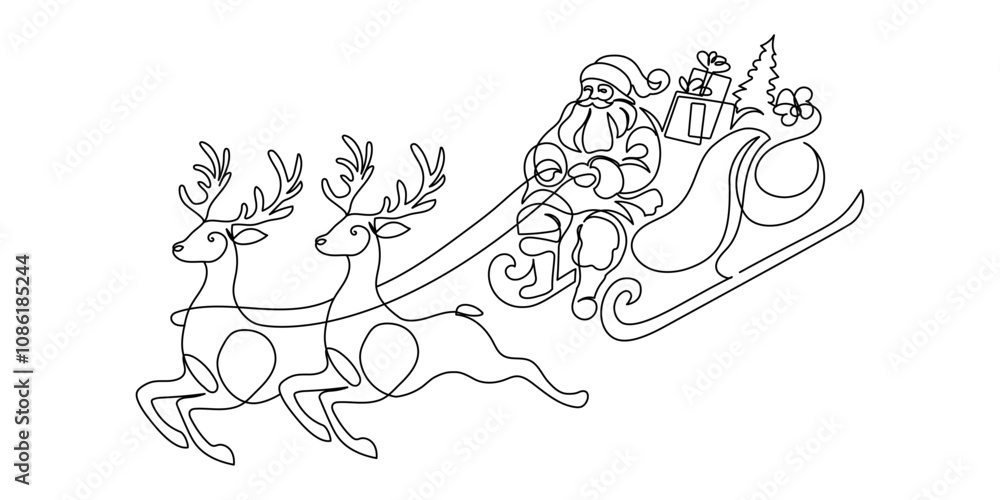 Poster one continuous line drawing of christmas reindeer and santa claus. wild animal deer with antlers is 