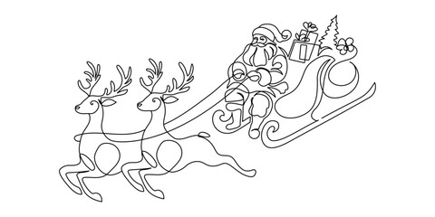 One continuous line drawing of christmas reindeer and Santa Claus. Wild animal deer with antlers is dynamic silhouette in simple linear style. Elegance editable stroke. Doodle vector illustration