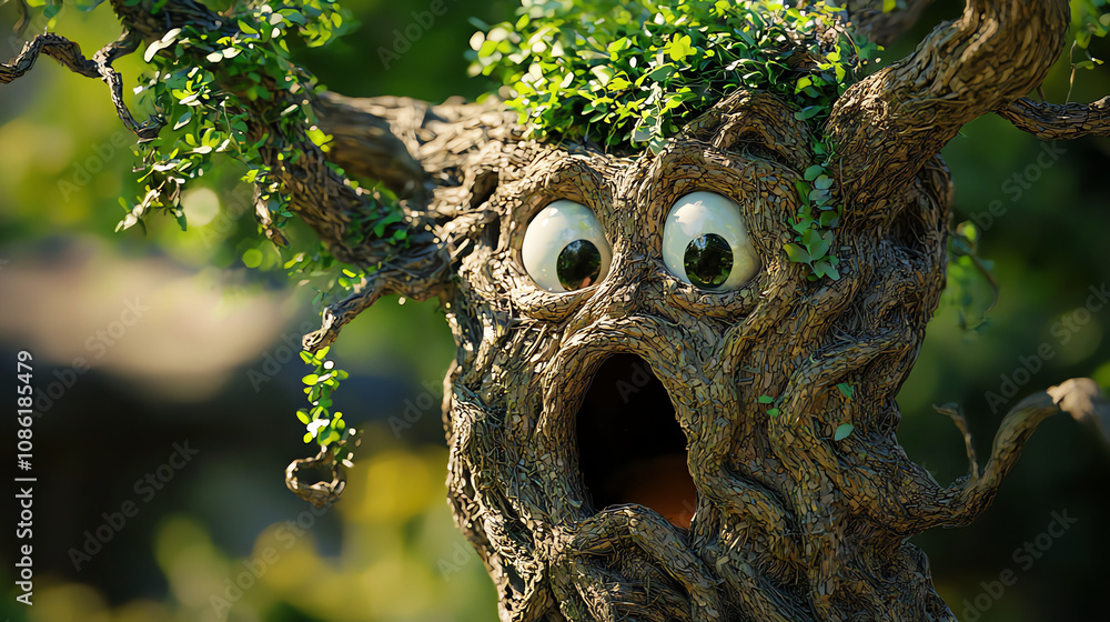 Poster a whimsical tree with a surprised expression and long vine-like branches captured in a vibrant outdo