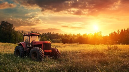 Red Tractor in a Field at Sunset