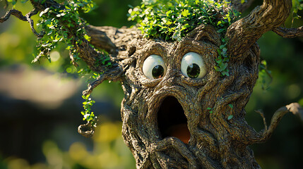 A whimsical tree with a surprised expression and long vine-like branches captured in a vibrant outdoor setting